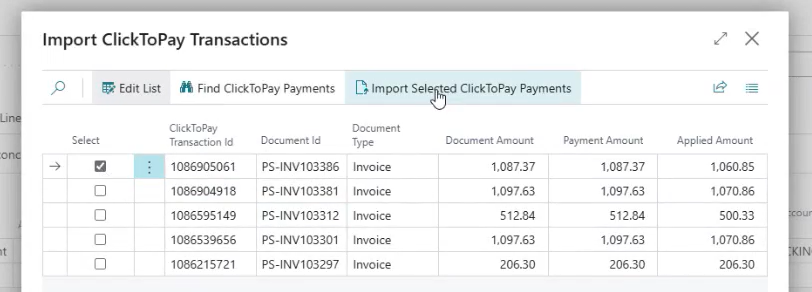Screenshot of importing ClickToPay transactions using REPAY for Microsoft Dynamics 365 Business Central Screenshot of importing ClickToPay transactions using REPAY for Microsoft Dynamics 365 Business Central