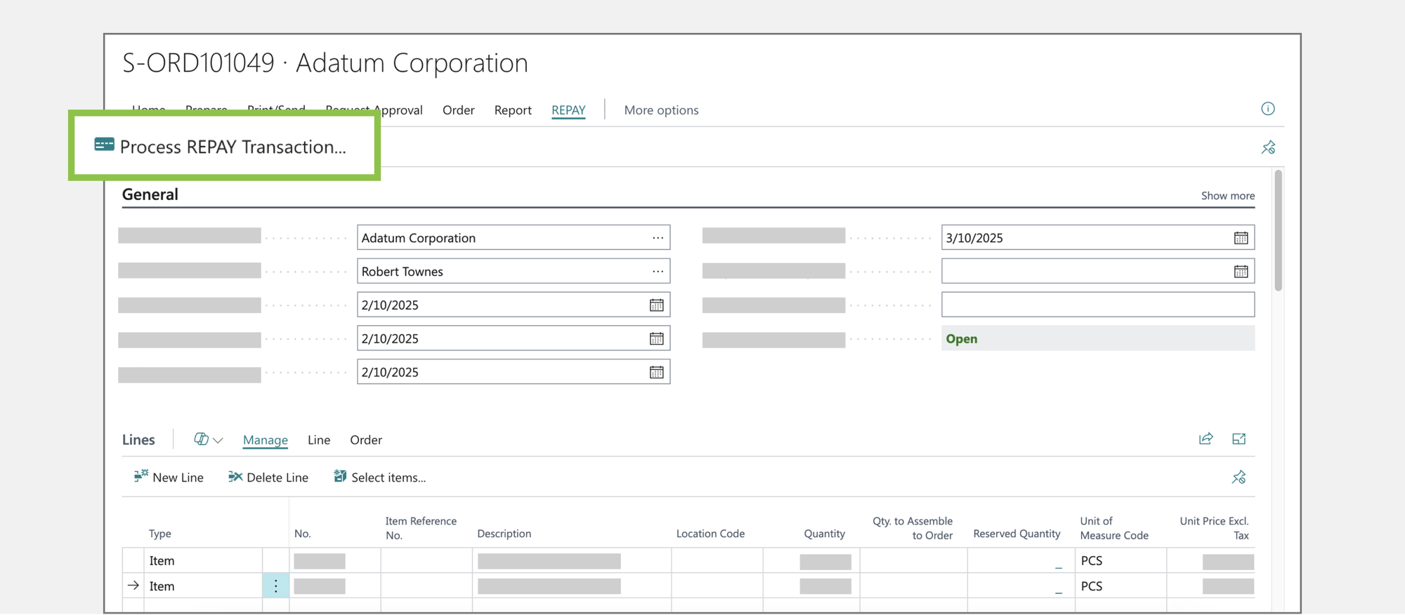 Screenshot of accounts receivable payment processing from REPAY in Microsoft Dynamics 365 Business Central Screenshot of accounts receivable payment processing from REPAY in Microsoft Dynamics 365 Business Central