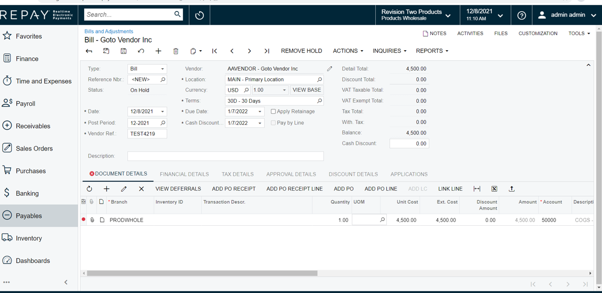 Acumatica Payables from REPAY screenshot